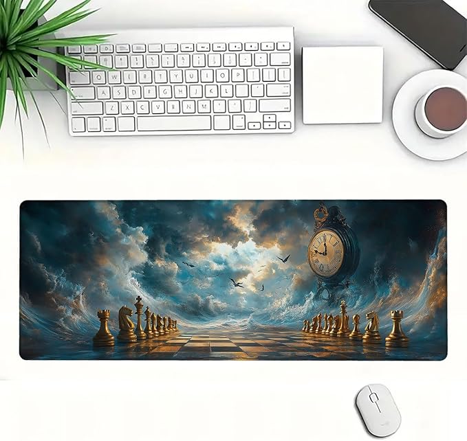 Clock Desk Mat Checkerboard Sky Bird Gaming Mouse Pad Mat with Stitched Edge Non-Slip Base Big Mouse Pad Designed for Laptop, Monitor, and Typing Comfort 31.5x11.8 Inch