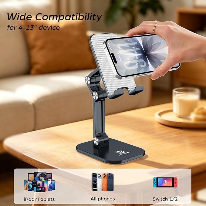 OCYCLONE Phone Stand, Cell Phone Stand Holder for Desk Office Accessories, Adjustable iPhone Stand Men Gift for Father Compatible with 4"-13" All Phones iPad Tablet - Black