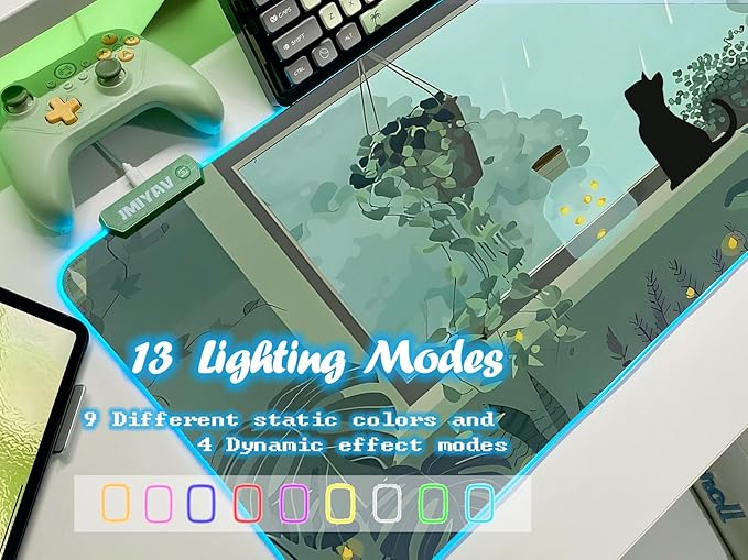 JMIYAV Black Kitten RGB Green Gaming Mouse Pad 31.5x12 Inch PC XL Large Glowing Led Light Up Desk Pad Non-Slip Rubber Base Computer Cute Mousepad Mat Desk Accessories Gaming Setup 31.5x12 Inch