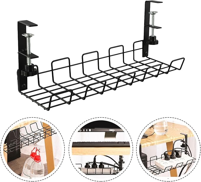 Under Desk Cable Management Tray Wire Organizer, 37 x 14.5 x 14.5 cm, Carbon Steel Mesh Rack with Clamp-On Design, No Drilling Required