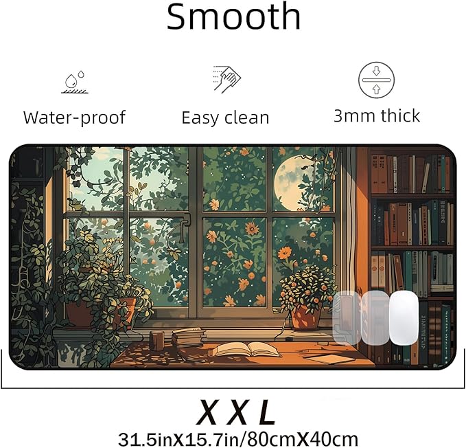 Green Plant Flower Desk Mat, Window Side Moonlight Library Book Mouse Pad, Extended Game Deskpad, XXL Keyboard Mousepad, for Work Game Office Home Retro Forest Desktop Decor 31.5"X15.7"