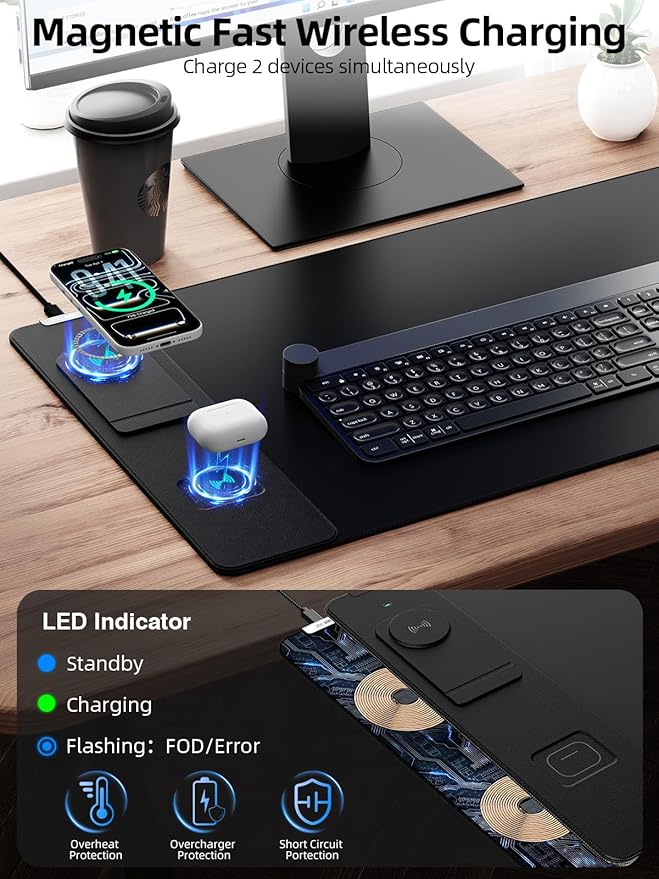 4-in-1 Mouse Pad with Magnetic Wireless Charging & Phone Stand, 31.5"x15.8" Large, Waterproof Smooth Surface, Non-Slip Base, with Adapter
