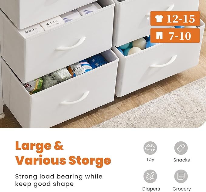 Sweetcrispy 10 Drawer Fabric Dresser Tall Chest Storage Organizer Tower with Cabinet Metal Frame and Wood Top Lightweight Closet Furniture for Bedroom,Cream White