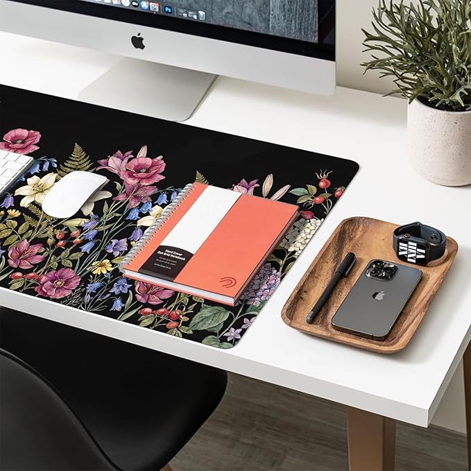 Cute Desk Mat, Black Floral Plants Large Mouse Pad for Desktop, PU Leather Waterproof Desk Pad, Anti-Slip Computer PC Laptop Protector Gaming Mouse Pads for Office Home Decorations (27.5" x 13.8")
