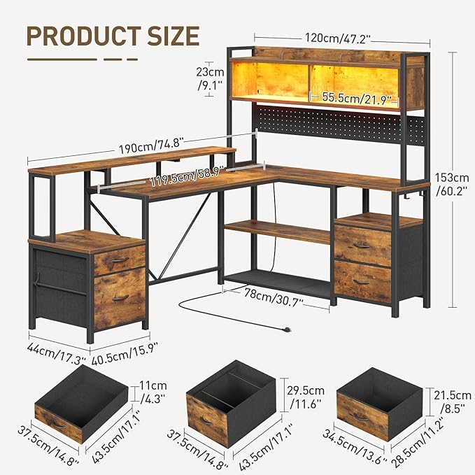 RALGEND 75" L Shaped Gaming Desk with Hutch, L Shaped Desk with Drawers, LED Light, Power Outlets & Pegboard, Corner Desk with Storage Shelves & Monitor Stand for Home Office, Rustic Brown and Black