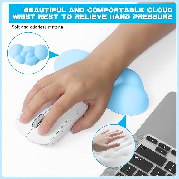 5 in1 Cloud Mouse Pad,Keyboard Wrist Rest,Mouse Wrist Rest Support,Mouse Pad Wirst Rest and Leather Coaster Set with Office Desk Mat,Memory Foam Ergonomic Easy Typing Pain Relief for Office and Home