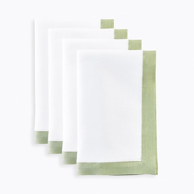 Solino Home Linen Cloth Napkins Set of 4-100% Pure Linen Sage Green and White Dinner Napkins 20 x 20 Inch for Spring, Summer - Classic, Handcrafted and Machine Washable
