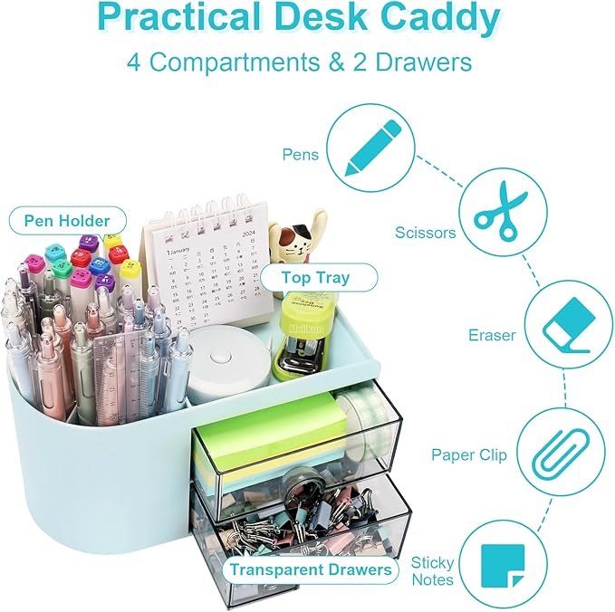 Meiikun Desk Organizer with Drawer, Pen Organizer for Desk, Small Pencil Holder, Desk Organizers and Accessories for Office Home Storage (2 Drawers+4 Compartments, Blue)
