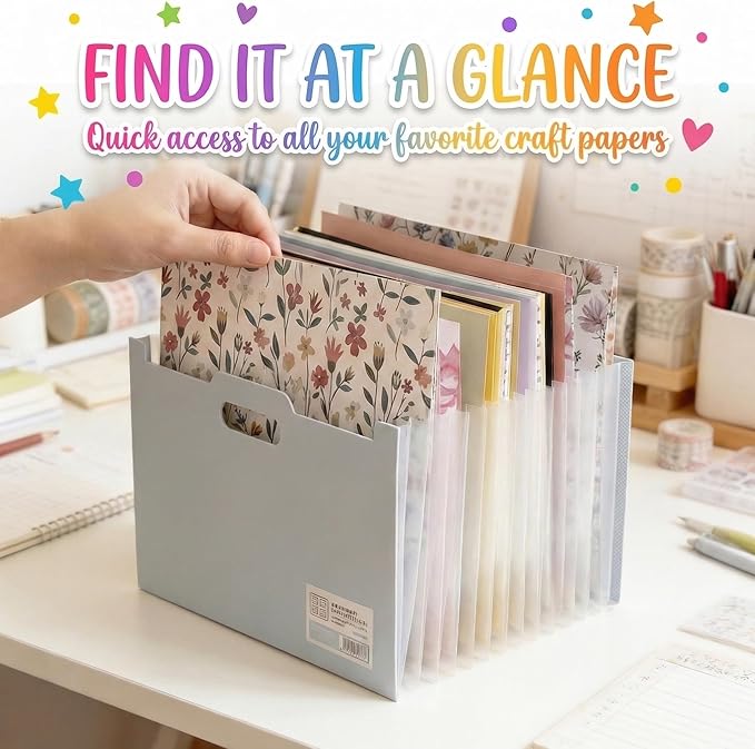 12x12 Scrapbook Paper Storage Organizer with 13 Expandable Pocket, Large Scrapbook Paper Storage for Craft Room Sticker Storage and Organization, Desktop Paper Holder (3 Pcs, Blue+Cream+Pink)