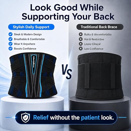 Modern Back Brace for Lower Back Pain Relief, 9" Wide Lumbar Support Belt for Men and Women with Removable Aluminum Panel, 3D Knitted Mesh Back Support Brace with Dual Compression Straps for Work, Lifting, Driving & Daily Wear