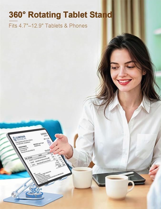 Aoviho Rotating Tablet Stand for Desk - [Adjustable] Drawing Stand for iPad, Portable Aluminum Desktop Holder, Compatible with 4.7–12.9 inch Devices, (Sky Blue)