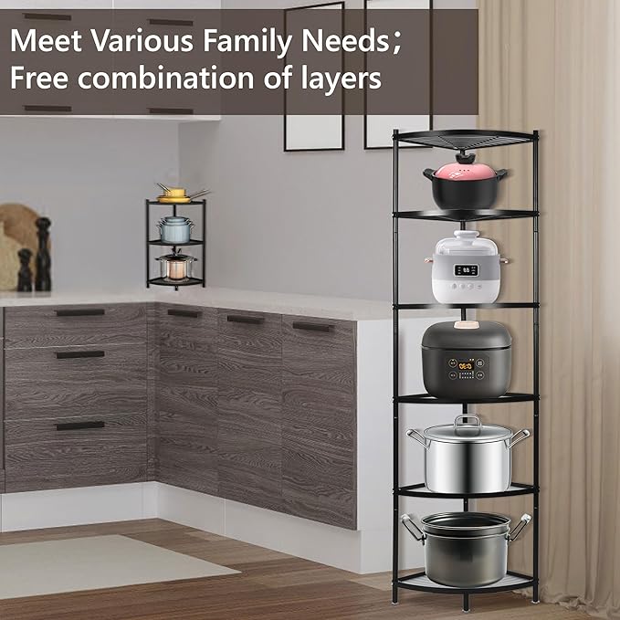 6-Tier Kitchen Corner Shelf Triangular Corner Pot Rack Storage Shelf Multi-tier,Carbon Steel Cookware Stand Home Storage Organizer Holder for Pans Pots and Kettles