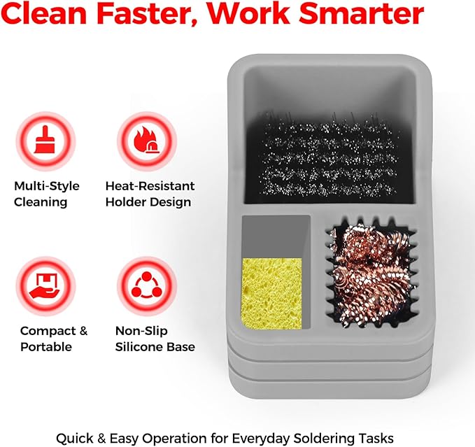 Soldering Iron Tip Cleaner Kit with Brass Wool, Sponge & Steel Brush in Gray Silicone Holder – Heat & Scratch Resistant Cleaning Tool for Soldering, Electronics Repair & DIY Projectst