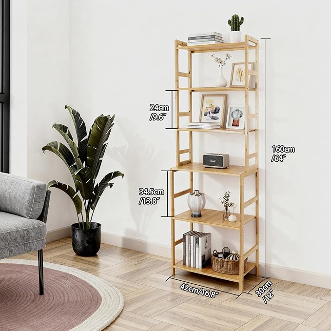 Bamboo Living Room Bookcases, 6 Tier Standing Ladder Shelf Bookshelf, Multifunctional Narrow Shelving Unit Storage Rack for Garage, kitchen, Office, Bookroom, Corner, 42 x 30 x 160 cm