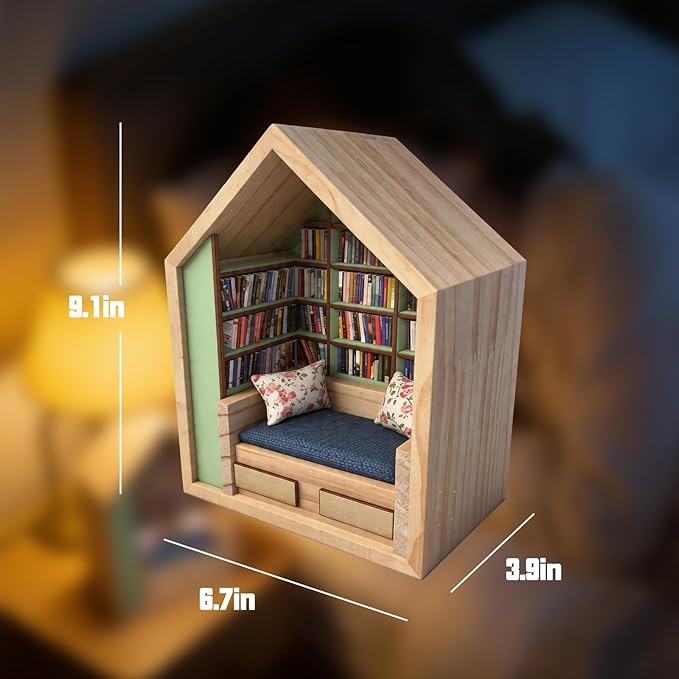 Anxiety Bookshelf with 300 Mini Books, Mini Wooden Bookshelf with Reading Nook, Desk Decor Anxiety Relief Bookshelf for Book Lovers(Green)