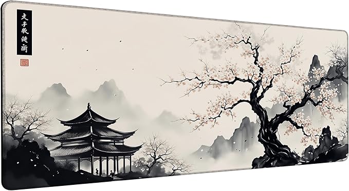 Large Gaming Mouse Pad Japanese Cherry Blossom Desk Mat,Non-Slip Rubber Base Stitched Edges,Extended Mousepad for PC,Laptop,Office,Home Decor(31.5 x 11.8 Inch)
