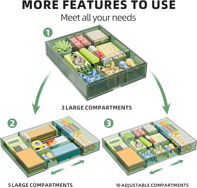 Marbrasse Expandable Desk Drawer Organizer, Clear Plastic Drawer Organizer Tray with 10 Adjustable Compartments, Desk Organizers and Accessories, 5 Drawer Dividers for Office Supplies(Clear Green)