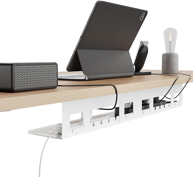 PEGZONE Under Desk Cable Management Tray, 31.5 Inches Metal Cord Organizer Rack, Desk Tray for Power Strip, Cord, Wire, Easy Mounting Cable Management Under Table for Home Office, White