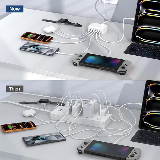 6 in 1 USB Charger, Charging Station for Multiple Devices, 100W Fast Charging Blocks with Type C Ports, USB Charging Hub Organizer Multiport Power Strip for iPhone, Ipad, Kindle, Travel Accessories