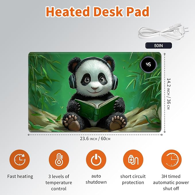 Heated Mouse Pad,Warm Desk Pad with 3 Levels Heating & 3 Hours Auto Shut-Off, PU Leather Heated Desk Pad Warmer Pad for Home Office - 23.6 x 14.2 inch,Panda Bamboo