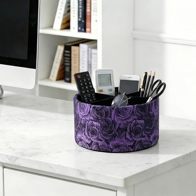 Remote Control Holder, 360°Spinning PU Leather Desk TV Remote Caddy,Desk Storage Box Room Accessories for Controller, Media,Mail,Calculator, Mobile Phone,Pencil(1-B3D Purple)