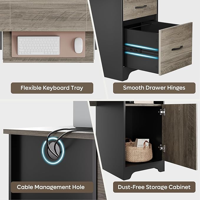 Bestier 59”Executive Desk with 2 Drawers,Computer Desk with Storage Cabinet,Industrial Wood Desk with File Drawer,Keyboard Tray & 2 Pedestals for Home Office & Studio,Gray