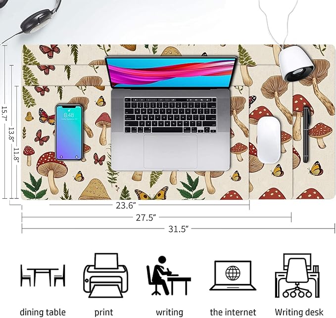 Desk Mat Large Mouse Pad, Non-Slip PU Leather Gaming Mousepad Keyboard Mouse Mats Desk Pads 31.5"x15.7" for Work Office Decor Gifts Beige Mushroom