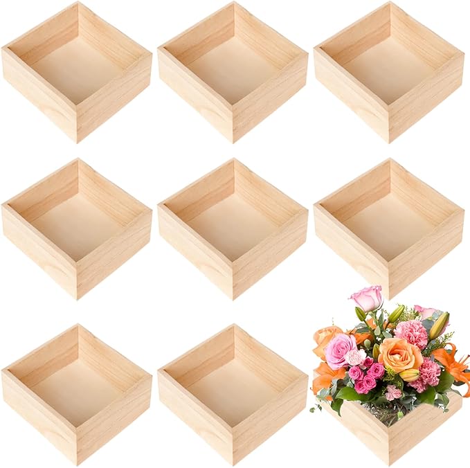 8 Pack Unfinished Wooden Box, 6 x 6 Inch Square Rustic Small Wooden Box Craft Organizer Container for Storage, Home Decor, Art Collectibles, Desktop Decor, Succulent Plant Pot, Drawer, DIY Craft