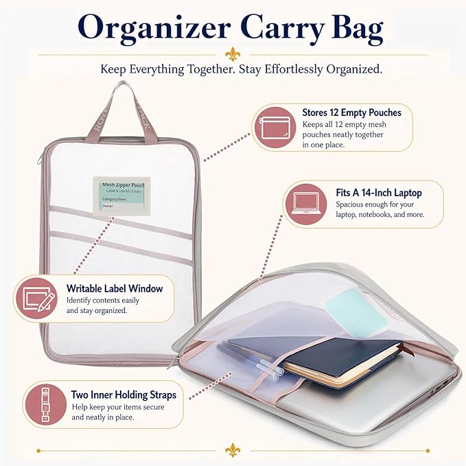12-Pack Mesh Zipper Pouch Set with 1 Organizer Bag, 3 Sizes (A4, A5, B6) Clear Waterproof File Bags for Travel Organization, Journaling & School Office Supplies (13pcs)