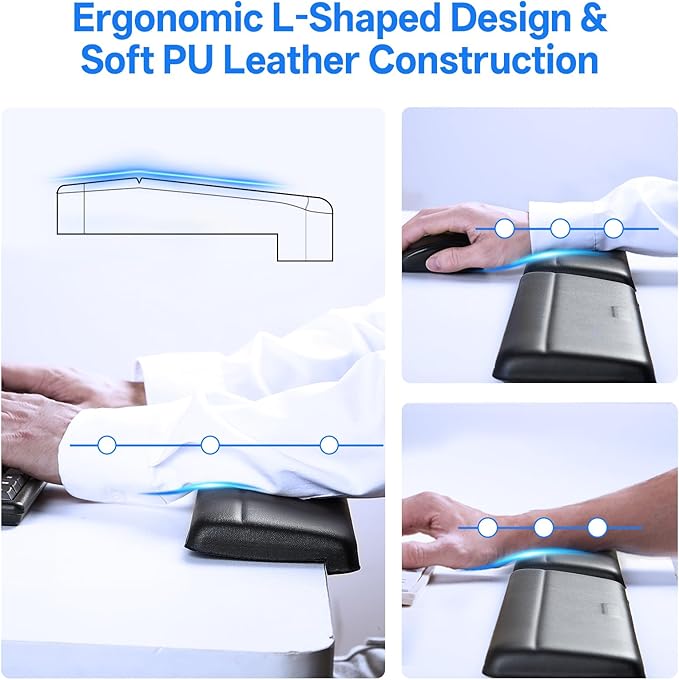 UnivoColors L-Shaped Desk Edge Cushion,PU Leather,Non-Slip,Separate Design,Memory Foam Desk Edge Support,Ergonomic Design for Long-Hour Work(11.8 * 3.9 inch 2-Piece Set of White)