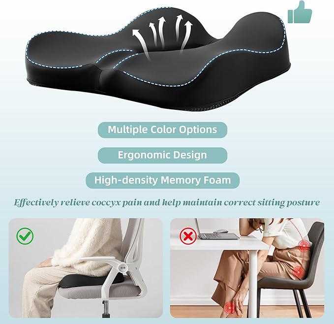 SheRest Seat Cushion, Ergonomic Memory Foam Cooling Cushion, Pressure Relief Suitable for Long Sitting Hours on Office Chairs, Desks, Cars and Airplane Seats, Black