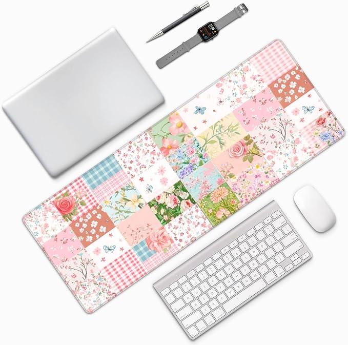 Patchwork Floral Mouse Pad 31.5 X 11.8 Inch Big Desk Rubber Base Stitched Edges Keyboard Pad XXL Mouse Mat for Home Game and Office