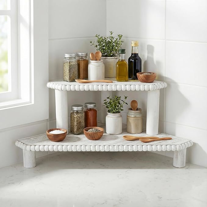 2-Tier Rustic Corner Shelf for Kitchen Counter,Wood Beaded Farmhouse Countertop Organizer with Removable Feet, Stackable Bathroom Vanity & Coffee Bar Decorative Riser Stand(Rustic White)