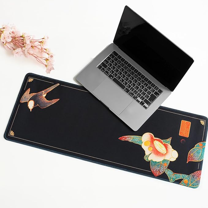 BELLEMOND Japanese Art Desk Mat | Large 31.5x11.8in Anime Mouse Pad for Keyboard & Mouse | Non-Slip Base, Water-Repellent | Original Japanese Design | Camellia Silence