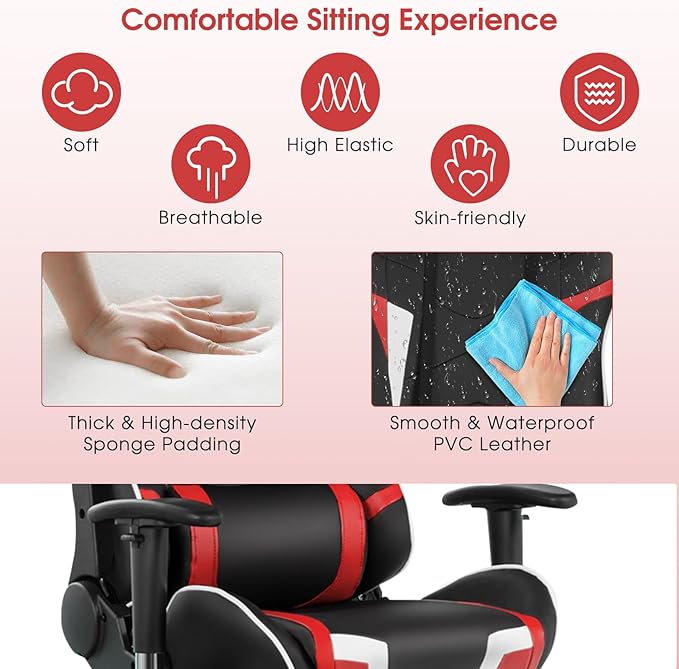 Tangkula Gaming Desk and Chair Set, Ergonomic Gamer Desk & Racing Chair Set Cup Holder, Headphone Hook, Handle Rack & Monitor Stand, Massage & Headrest, Home Office Computer Desk Chair Set (Red)