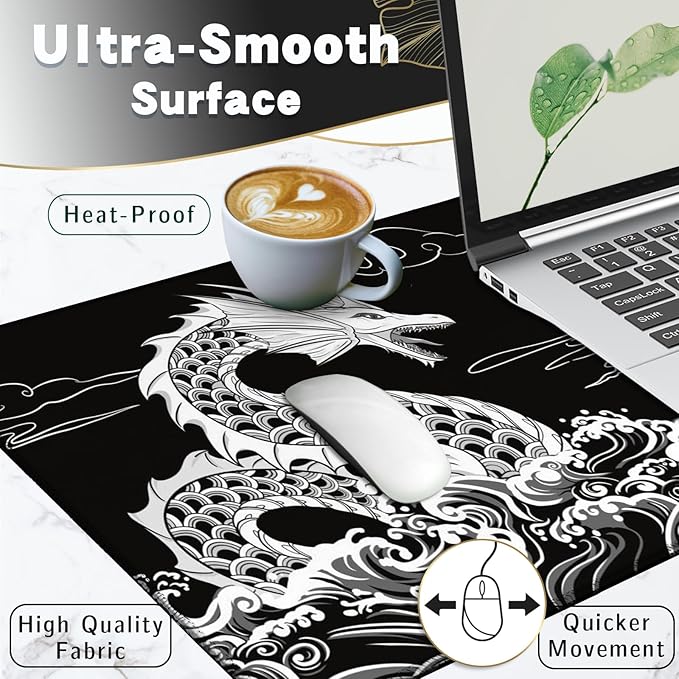 Japanese Dragon Large Gaming Mouse Pad, Black Mouse Pad Gaming 31.5 x 11.8 in, Large Desk Mat, Keyboard Mousepad with Non-Slip Base Stitched Edge for Desk Home Office