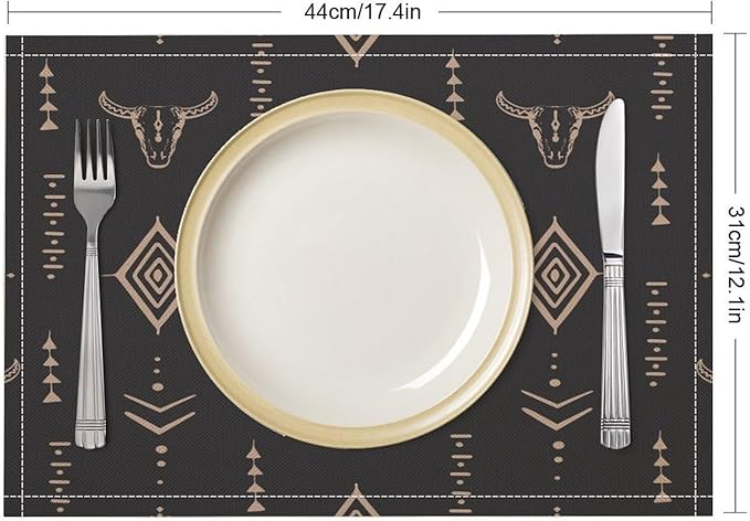 Western Cow Skull Placemats Vintage Western Boho Style Aztec Ethnic Minimalist Linen Washable Table Mats Stain Heat-Resistant Desktop Decor Place Mats for Home Kitchen Dining Party 12x18 in 6 Pcs