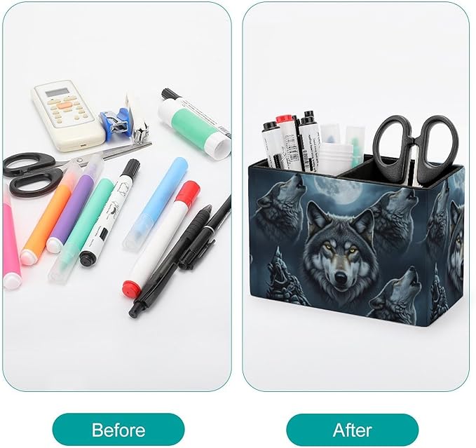 Rectangle Pen Holder Desk Organizer Full Moon Wolf, Efficient Stationery Storage Solution