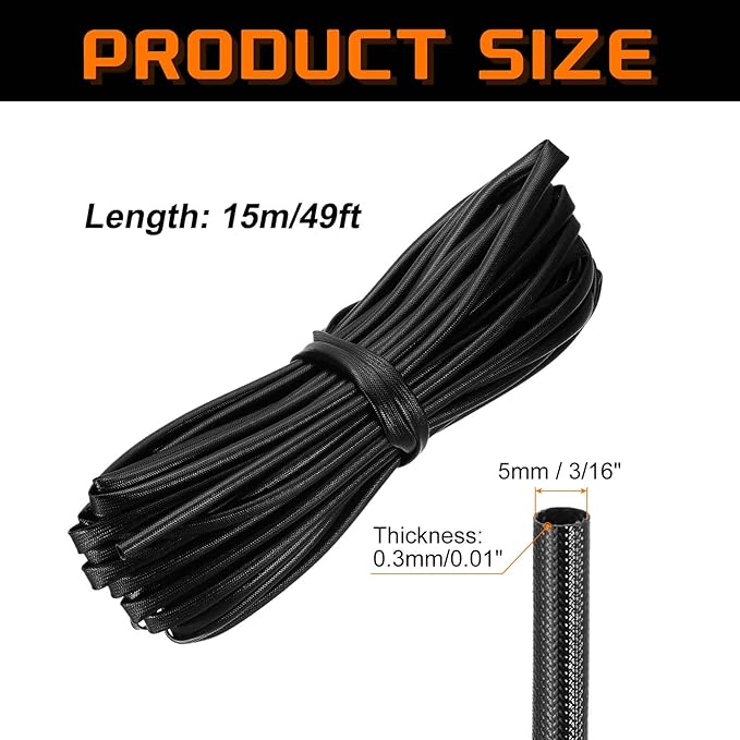 MECCANIXITY 49ft Braided Cable Sleeve, 3/16" ID 200C Heat Resistant 1500V Fiberglass Wire Insulation Cord Protector Organizer Wires Management for Motor Engine Fuel Line, Black