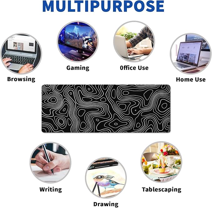 Topographic Contour Gaming Mouse Pad Black Large Mouse Pad for Keyboard and Mousepad Desk Mat with 3mm Non-Slip Base and Stitched Edge for Gaming and Office Computer Mat Protector Mat 31.5x11.8 Inch