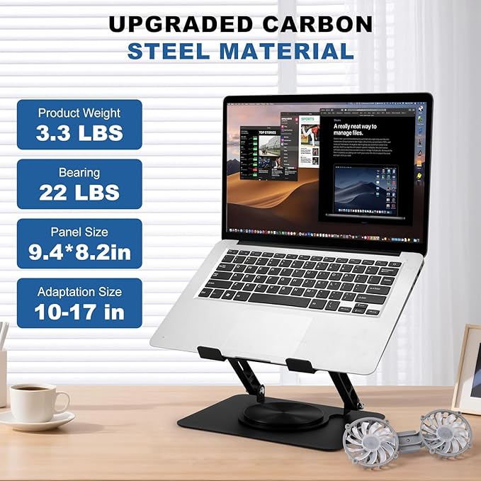 Laptop Cooling Pad with 2 Detachable Fans, Adjustable Height & Angle Stand, 360° Rotation, Ultra-Sturdy Carbon Steel Frame, Quiet Cooling for 10-17.3" Laptops (Black)
