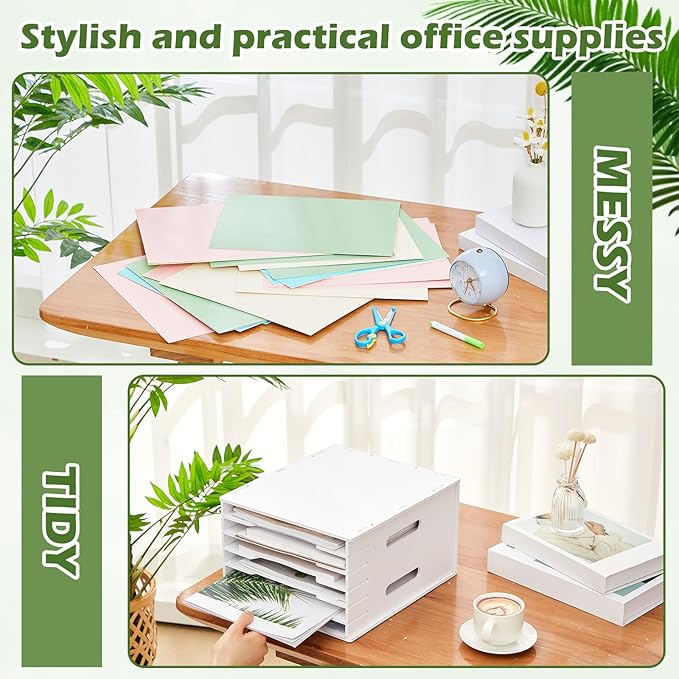 Juexica 6 Tier 8.5" x 11" Scrapbook Paper Organizer, White Cardstock File Organizer with Adjustable Shelves, Stackable Paper Trays, Desktop Storage Rack Document Holder for Desk Home Office