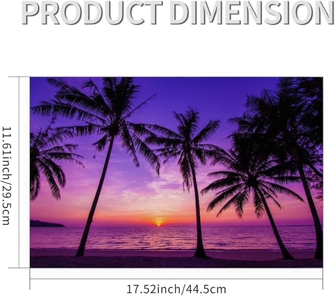 Placemats Set of 4 Heat-Resistant Rectangle Place Mats Beach Purple Sunset Washable Plastic PVC Dining Table Mat Non-Slip Wipeable Woven Vinyl Placemat for Kitchen Patio Table Decor