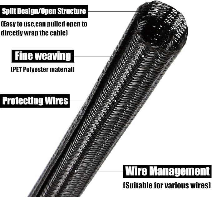 25ft PET Braided Cable Sleeve 1 inch(25mm) Wire Protector Cable wrap Wire Covers for Cords Cable Sleeves Cord Management Cable Management Sleeve(Black)