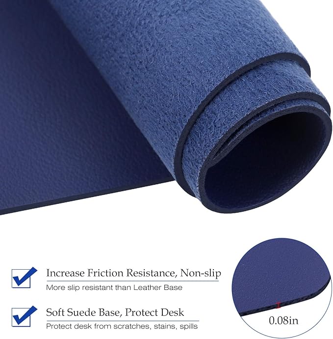 TOWWI PU Leather Desk Pad with Suede Base, Multi-Color Non-Slip Mouse Pad, 32” x 16” Waterproof Desk Writing Mat, Large Desk Blotter Protector (Dark Blue)