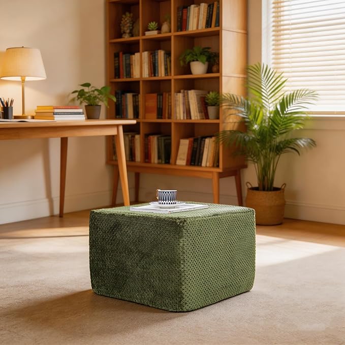 Furry Square Pouf Ottoman – 20"x14" One-Piece Seamless Integral Foam Foot Stool Ottoman Foot Rest Living Room Bedroom Under Desk (Green)