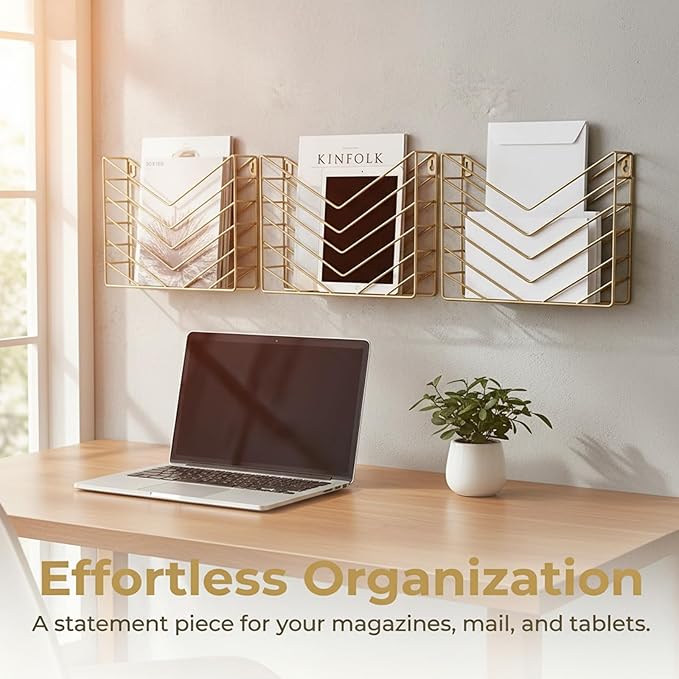 Gold File Organizer, Wall Mounted Magzine Rack,Gold Wall Mount File Organizer, Geometric Wall Metal Magazine Holder, Document Holder for Wall in Office and Home