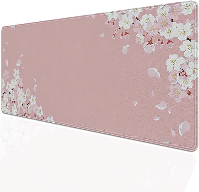 Pink Cherry Blossom Large Mouse Pad Desk Mat, 27.5x11.8in Japanese Sakura Floral Extended Keyboard Mousepad with Stitched Edges, Non-Slip Waterproof Rubber Base for Office, Computer & Laptop