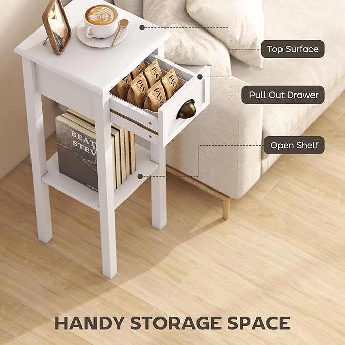 HOMCOM Narrow End Table with Drawer and Bottom Shelf, Slim Side Table for Small Spaces, Skinny Modern Accent Desk for Living Room, Set of 1, White