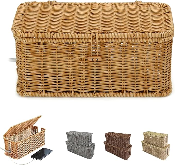 Handwoven Rattan Cable Management Box, Basket to Hide Cords, Container for Tv Wire, Computer, Router, USB Hub (Beige, L：15.7 * 6.2 * 5.9inch)